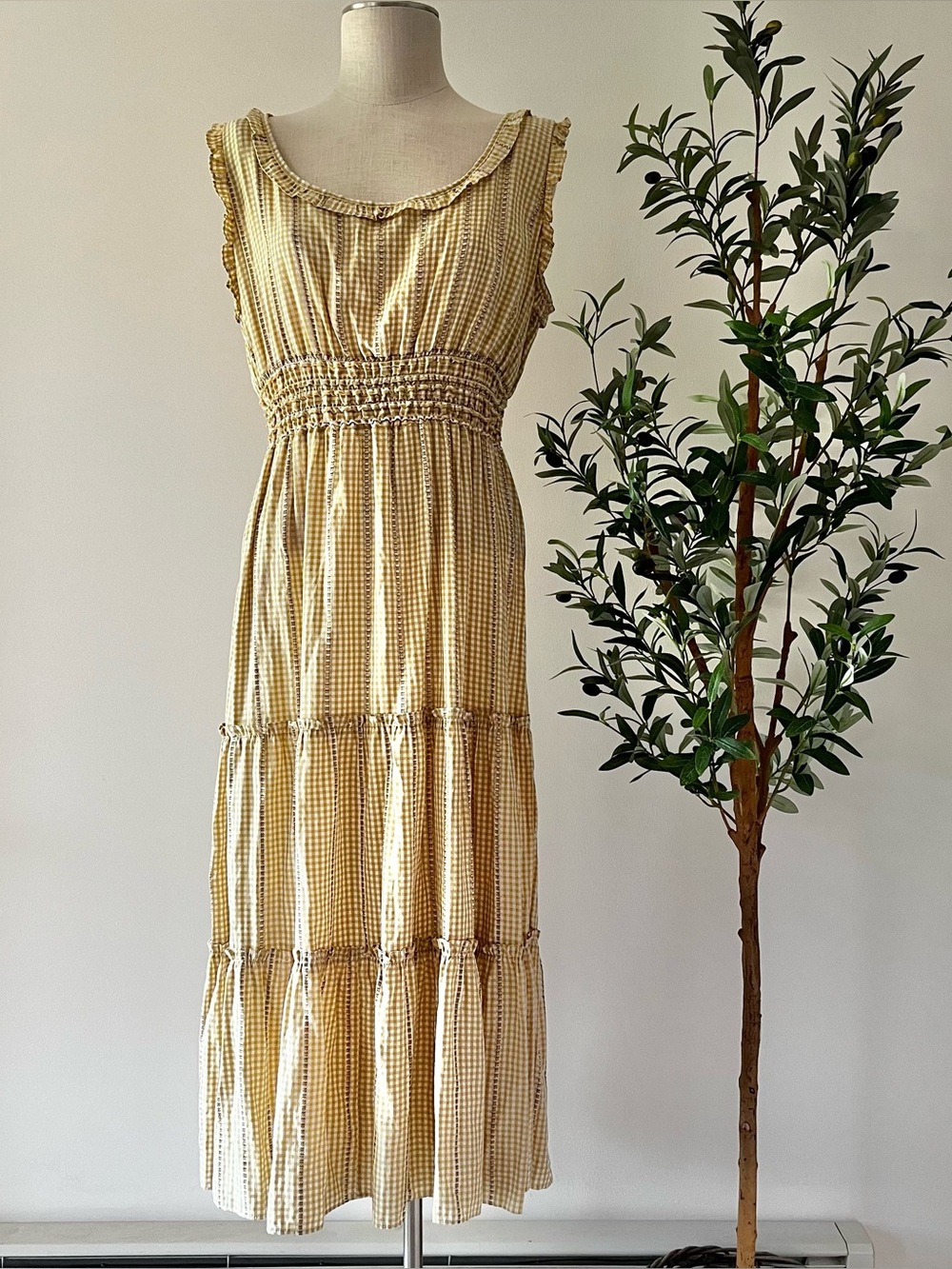 Light Yellow tan Gingham Smocked Maxi Dress